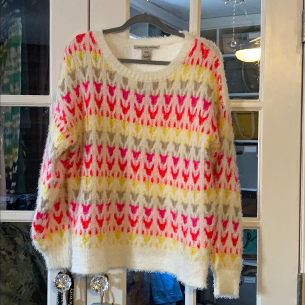 White with multi color chevron sweater